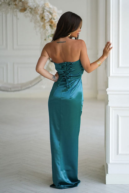 Back view of Bicotone emerald long satin dress with corset lace-up back and smooth finish
