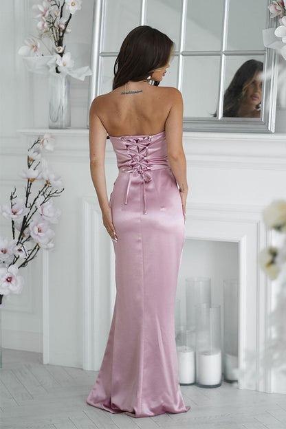 Back view of Bicotone pink long satin dress with corset lace-up back and fitted silhouette