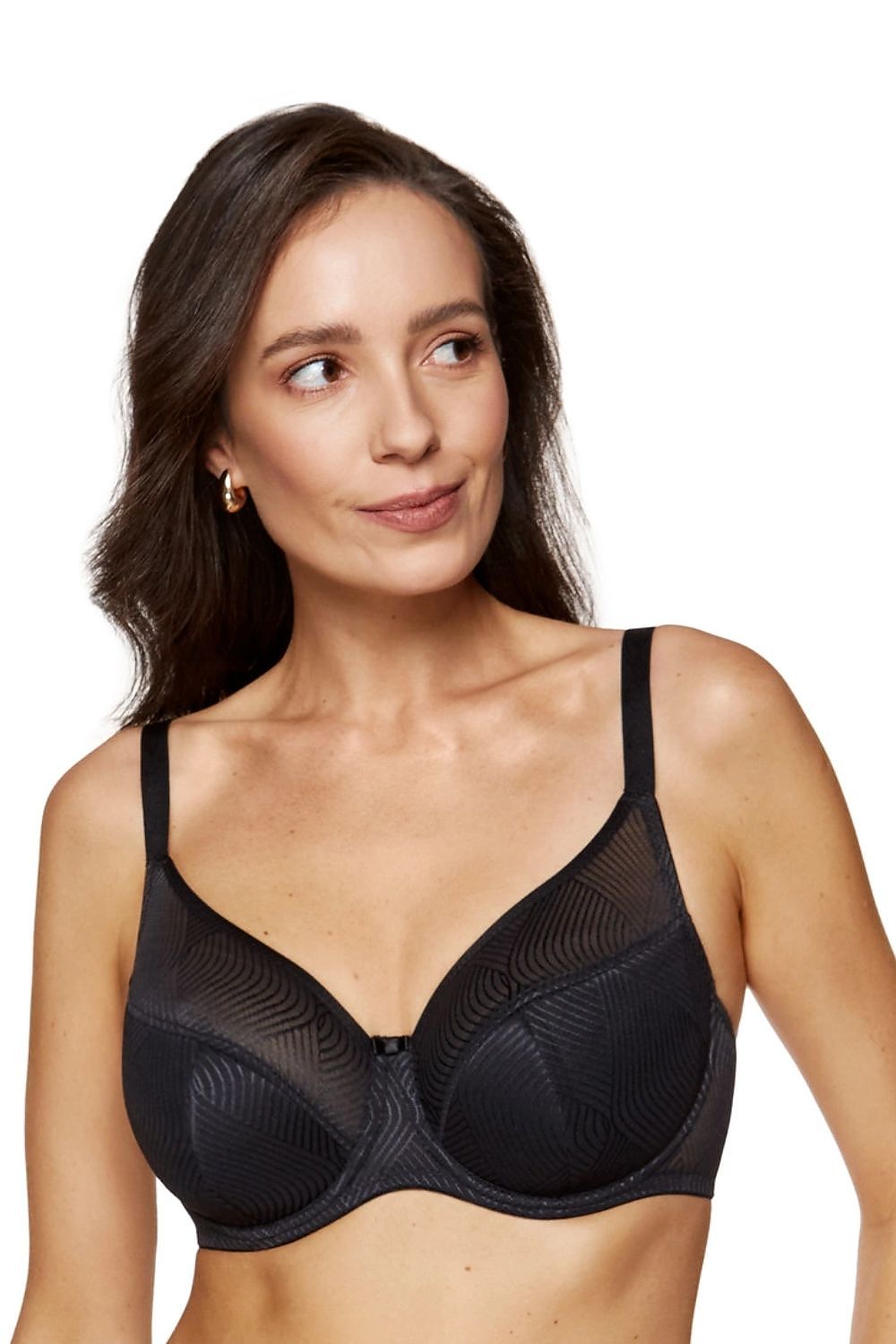 Semi-Soft Gorteks Laurel black bra front close-up with geometric pattern and sheer upper cups