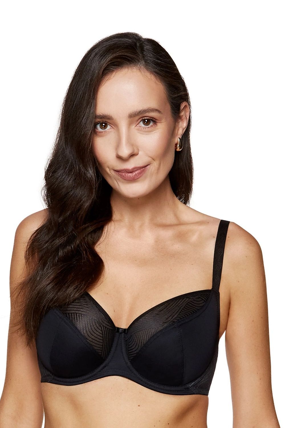 Soft Gorteks Laurel black bra front close-up view with natural shaping and elegant sheer detailing